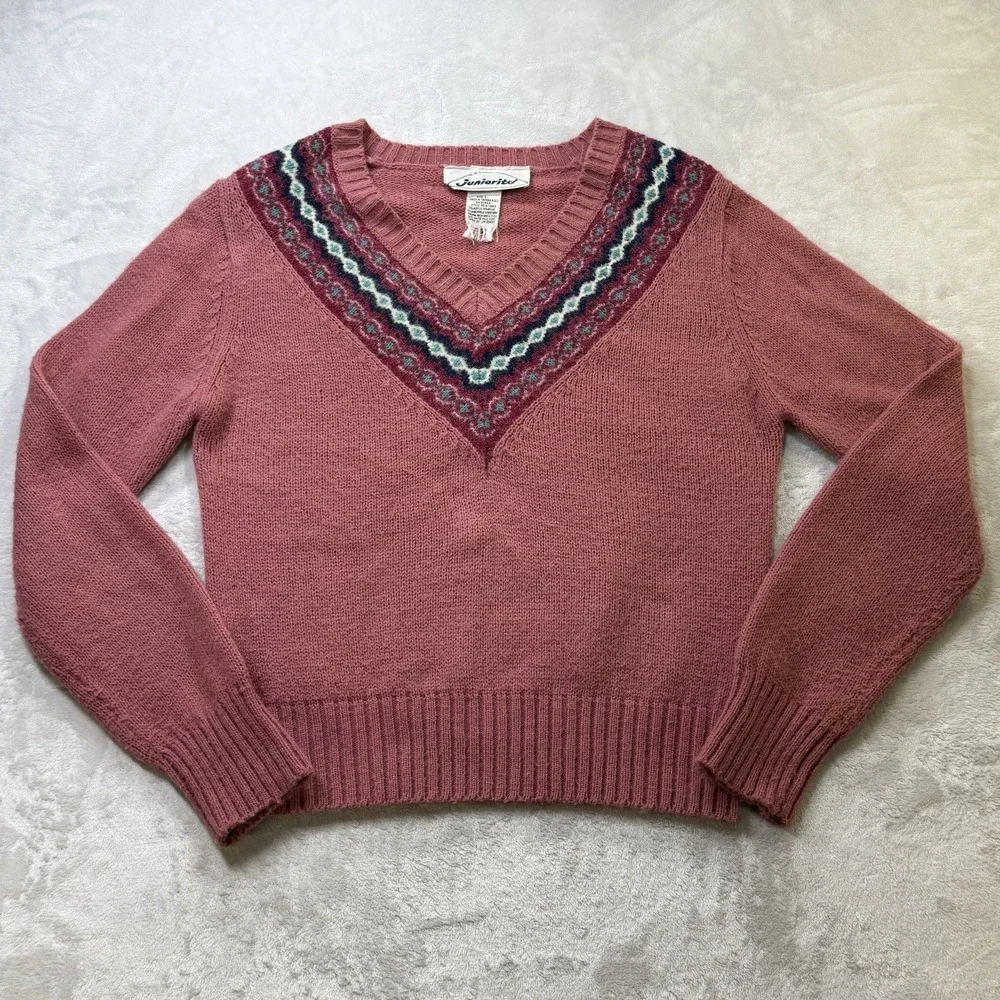 Vintage Juniorite Fair Isle V Neck Sweater Womens L Pink Acrylic Knit 80s 90s